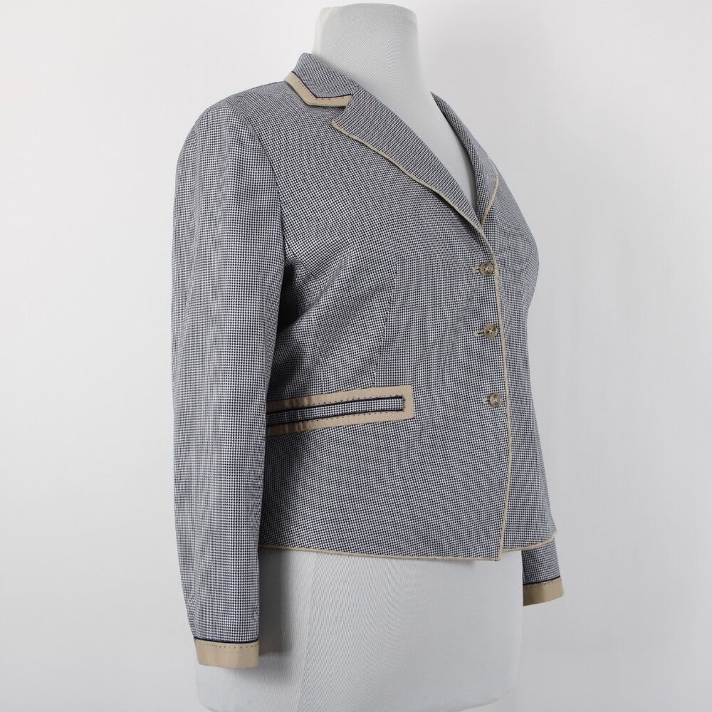 Carlisle Sz 16 Navy Blue White Brown Faux Pockets Lined Silk Wool Cotton Jacket - Picture 5 of 12